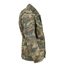 Side view of genuine Greek army field jacket in lizard camouflage with multiple front pockets and button closure