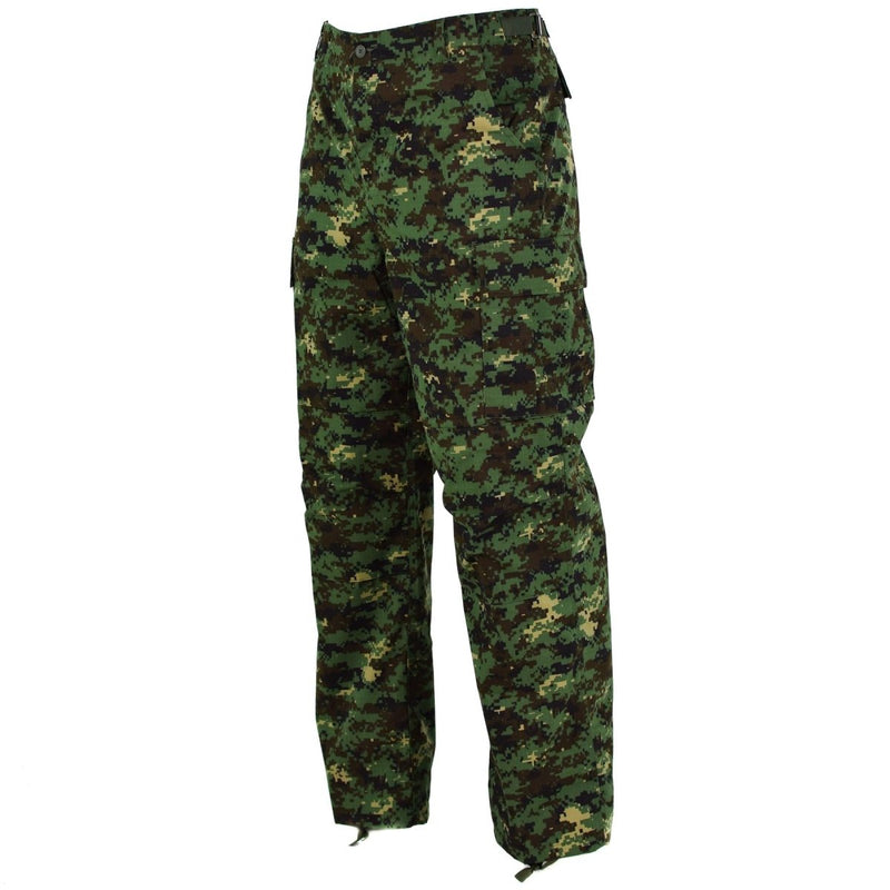 Genuine Guinea Bissau military ripstop jungle camouflage pants with reinforced knees and adjustable waist and cuffs.