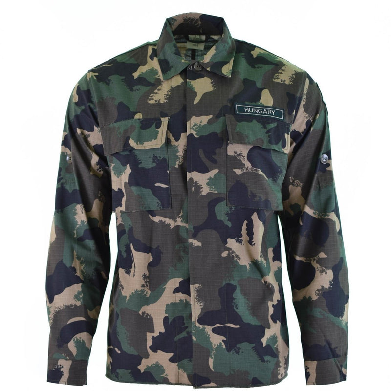 Genuine Hungarian Army M90 camo shirt with four-color camouflage, long sleeves, and durable ripstop fabric military design.