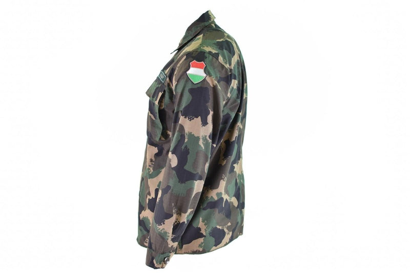 Side view of Genuine Hungarian Army M90 long sleeve camouflage shirt with green, brown, and black pattern and flag patch on sleeve