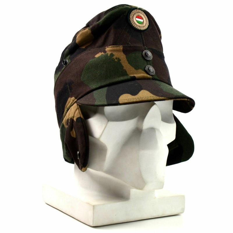 Hungarian camo military winter cap with neck flap and national flag badge on front displayed on white mannequin head