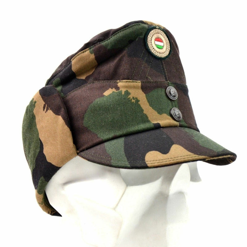 Hungarian camo army winter cap with neck flap and national color badge for military field use, warm and protective design