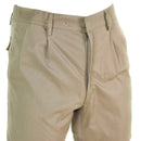Close-up of genuine Italian khaki military combat shorts with zip and button closure, belt loops, and durable fabric.