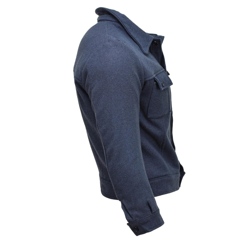 Side view of a genuine Italian military wool gabardine blouse jacket in blue with buttoned cuffs and chest pockets