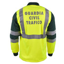 Back view of genuine Spanish Civil Guard yellow long sleeve polo shirt with reflective safety stripes and black accents