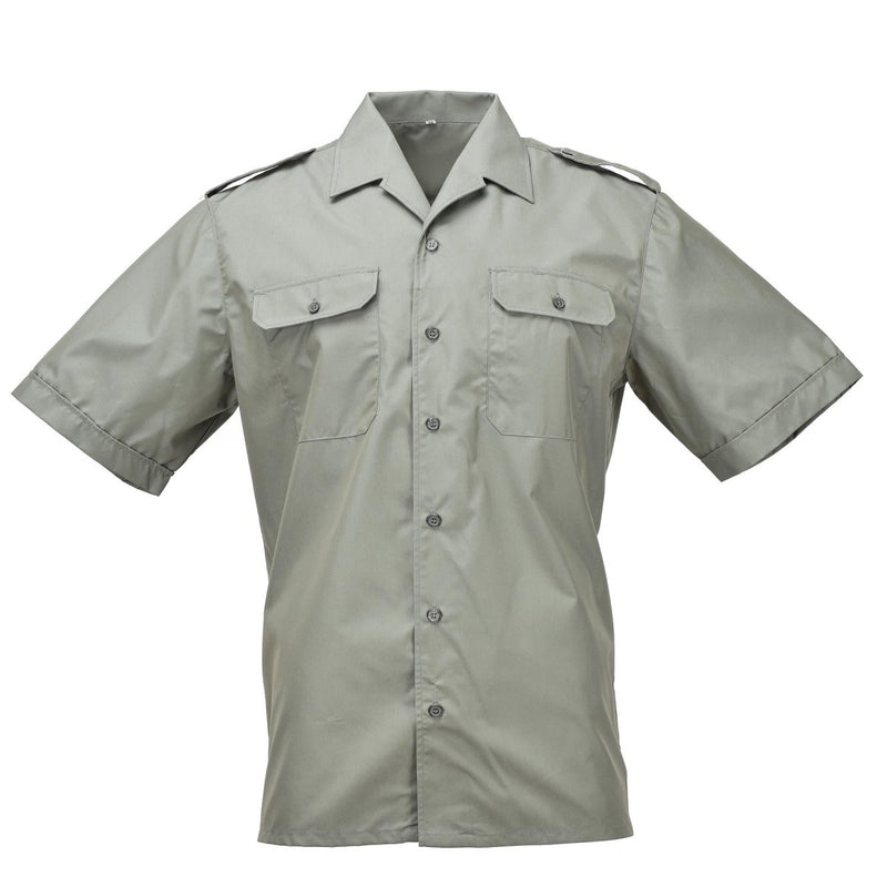 Genuine Spanish Navy Armada olive short sleeve formal shirt with epaulettes, designed for marines with military heritage.