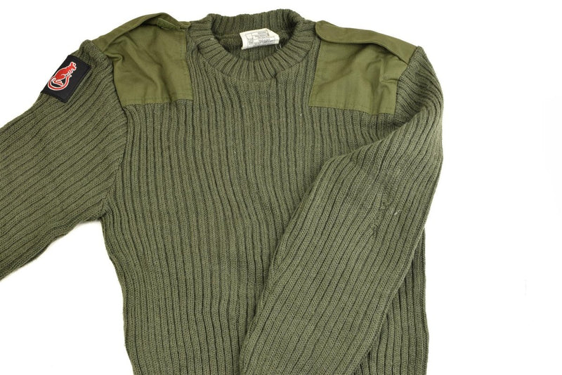 British Army green wool sweater with reinforced shoulders and rib-knit collar, durable military-style jumper for men