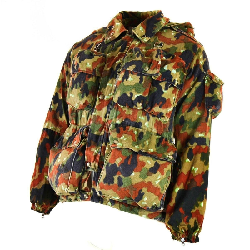 Genuine Swiss Army M70 Alpenflage camo sniper combat jacket with hood, multiple pockets, and durable cotton fabric.