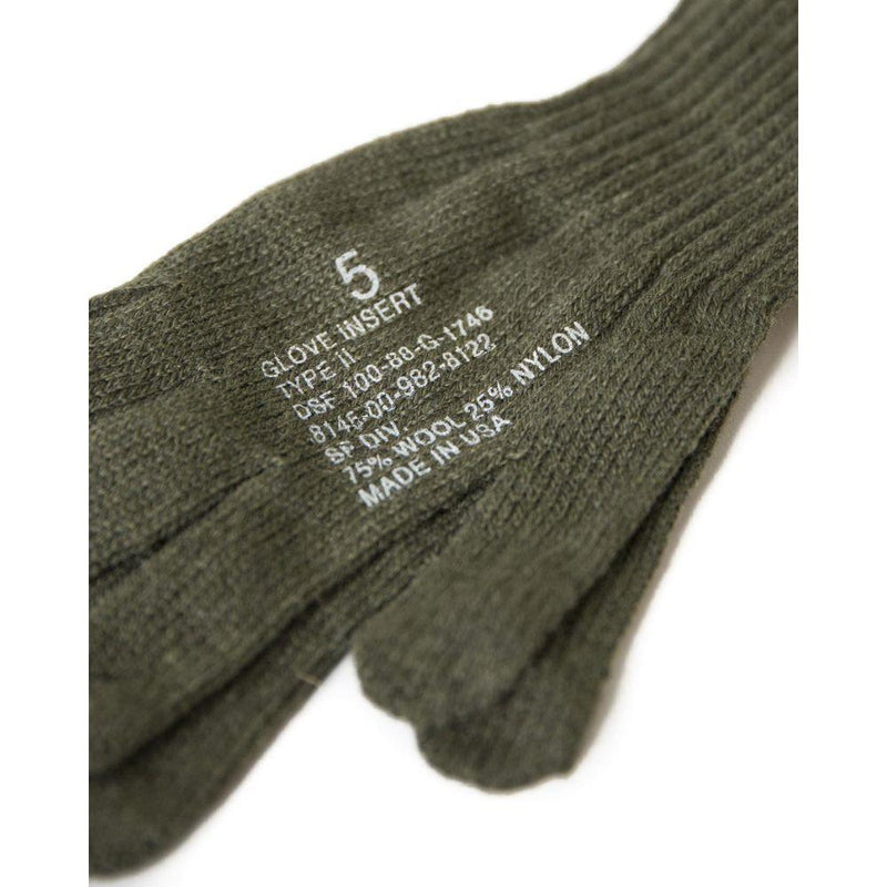 Genuine US Army wool blend military glove insert liners in olive green, size 5, made in USA for cold weather use