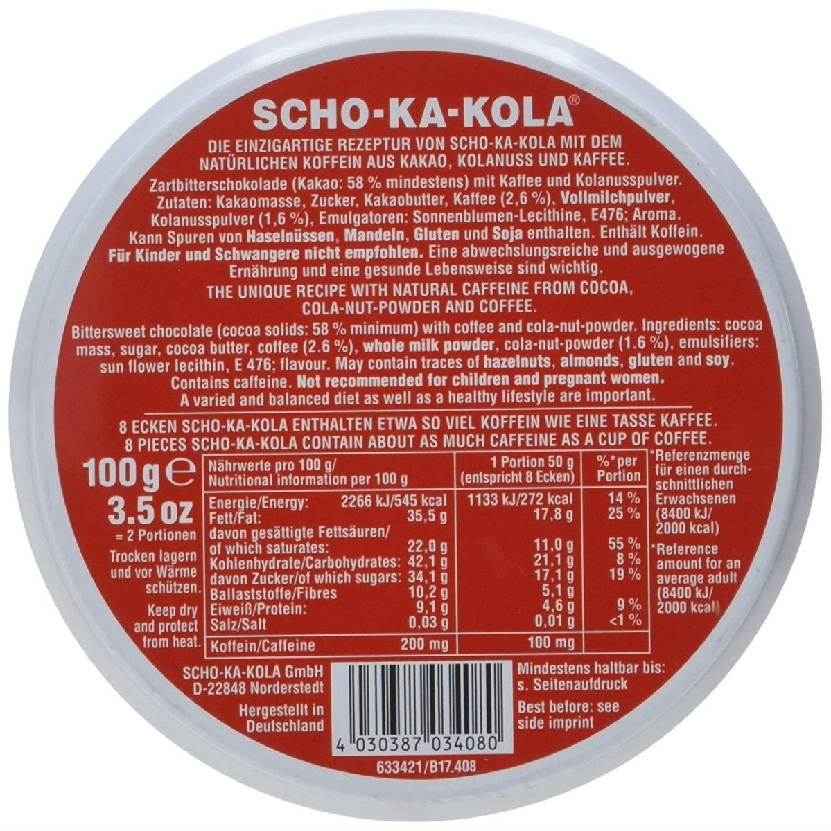Niemiecka energia ciemna czekolada Scho-ka-kola kofeina i cola orzech 100 g puszka puszka