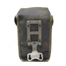 German military G3 magazine pouch with Flecktarn camouflage and metal belt clip attachment shown from back view.