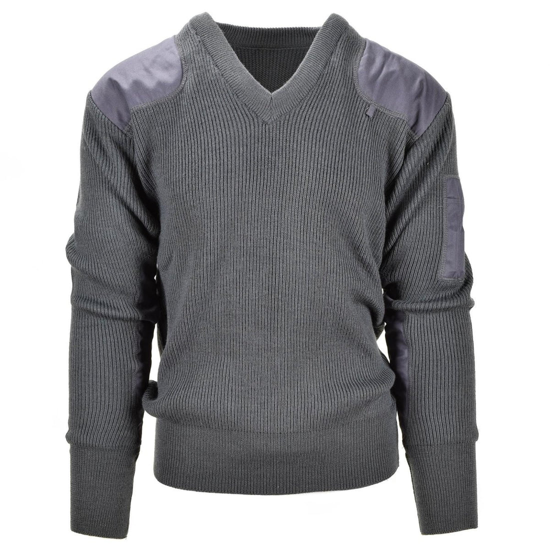 Włoski wojskowy Pullover Grey Wool Commando Sweter w szyku V Wzmocniony łokcie
