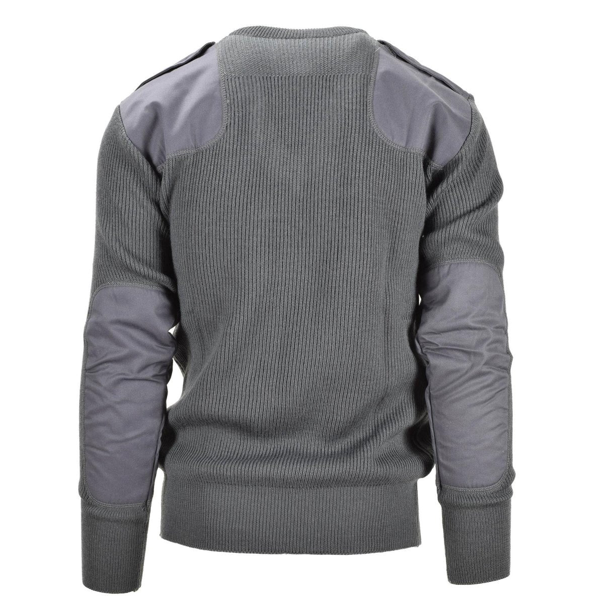 Włoski wojskowy Pullover Grey Wool Commando Sweter w szyku V Wzmocniony łokcie