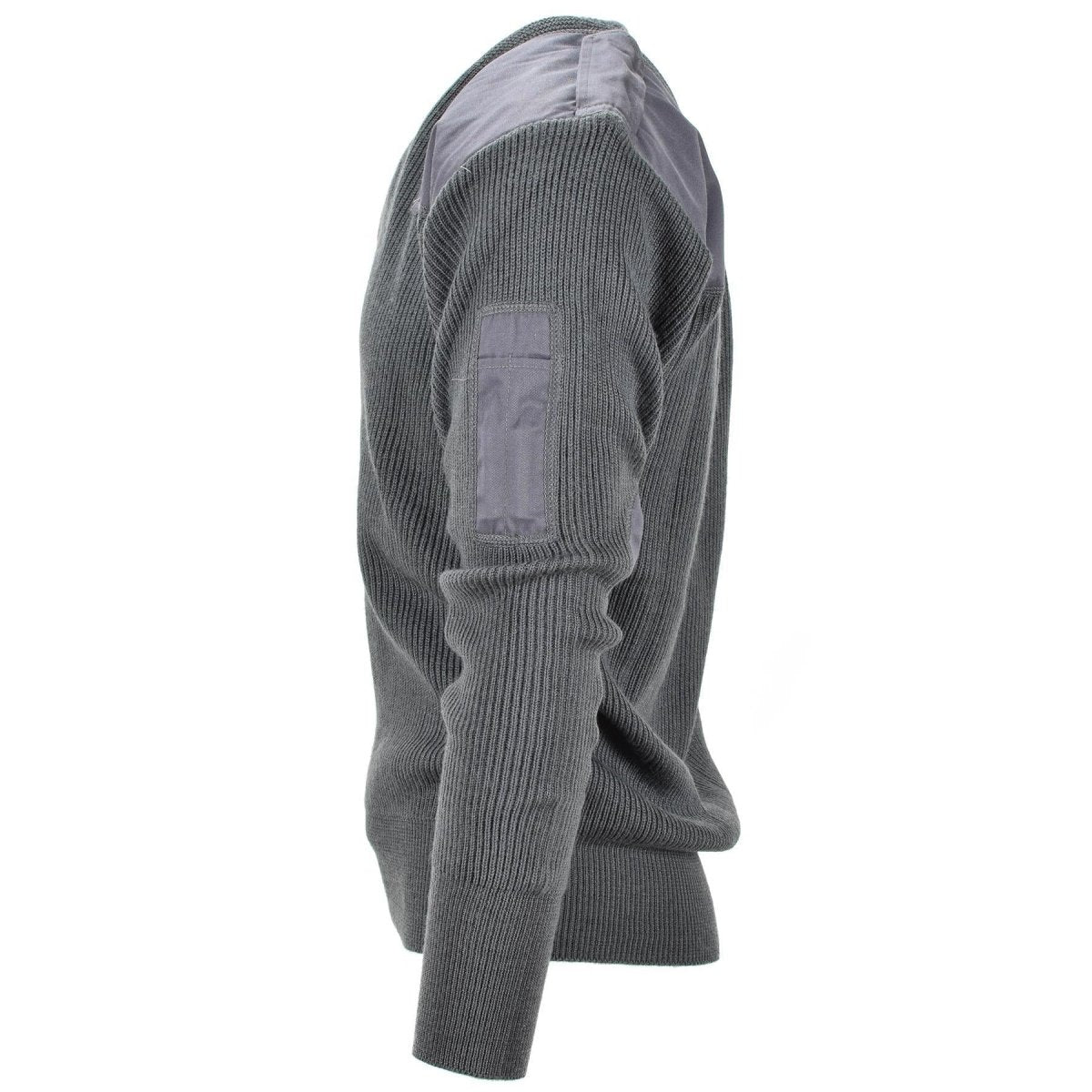 Włoski wojskowy Pullover Grey Wool Commando Sweter w szyku V Wzmocniony łokcie