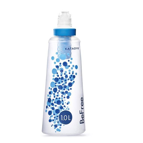 Katadyn BeFree 1.0L lightweight water bottle with built-in filter for outdoor water purification and safe drinking.