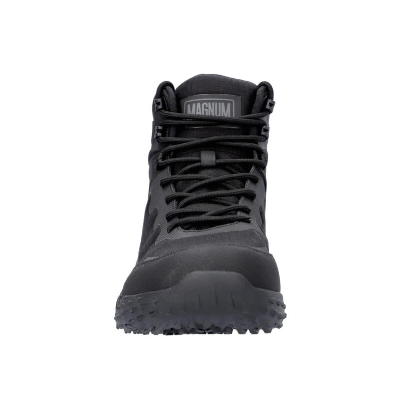 Front view of black Magnum HI-TEC Ultima 6.0 waterproof insulated hiking boot with rugged sole and laces