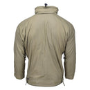 Back view of lightweight thermal anorak jacket in olive drab green with hood and adjustable features