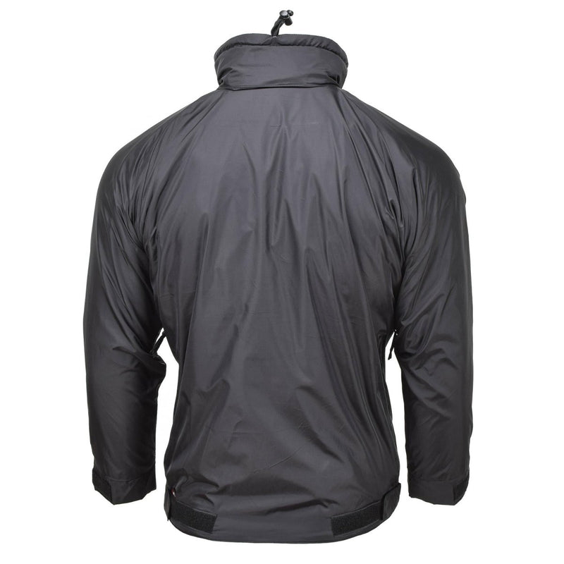Back view of MFH brand lightweight black thermal hooded sports jacket Anorak with adjustable collar and cuffs.
