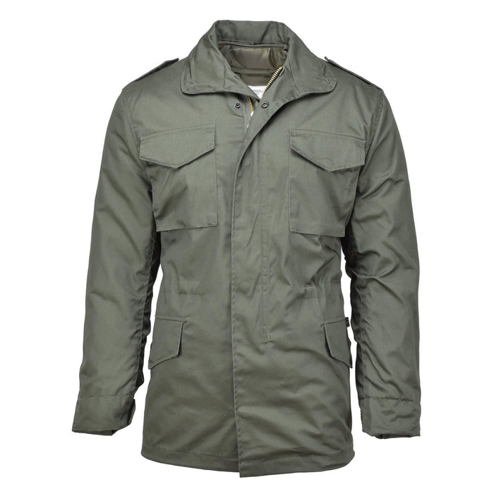 MFH Brand U.S. Army M65 field jacket in olive drab with quilted lining and multiple pockets, military style parka.