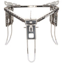 Foldable stainless steel campfire pot stand with three adjustable legs for stable outdoor cooking and BBQ tripod use