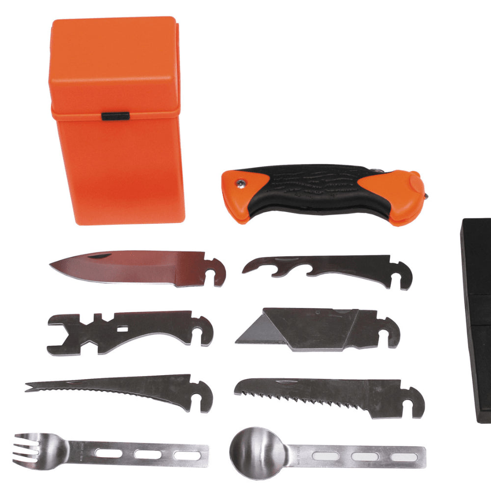 MFH Specjalny 27-częściowy zestaw survivalowy Skrzynka narzędziowa Pomarańczowa Camping Outdoor