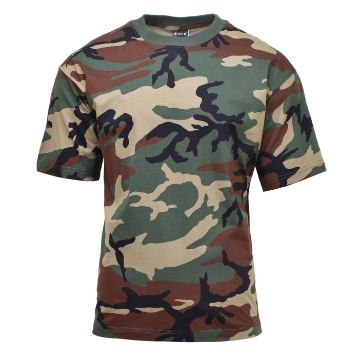 T-shirt z krótkim rękawem w stylu wojskowym USA, w kamuflażu leśnym, wykonany z oddychającego, trwałego i lekkiego materiału.