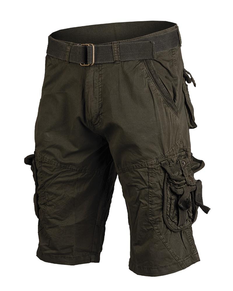 Mil-Tec vintage style prewashed olive combat shorts with multiple secure pockets and adjustable belt for outdoor use