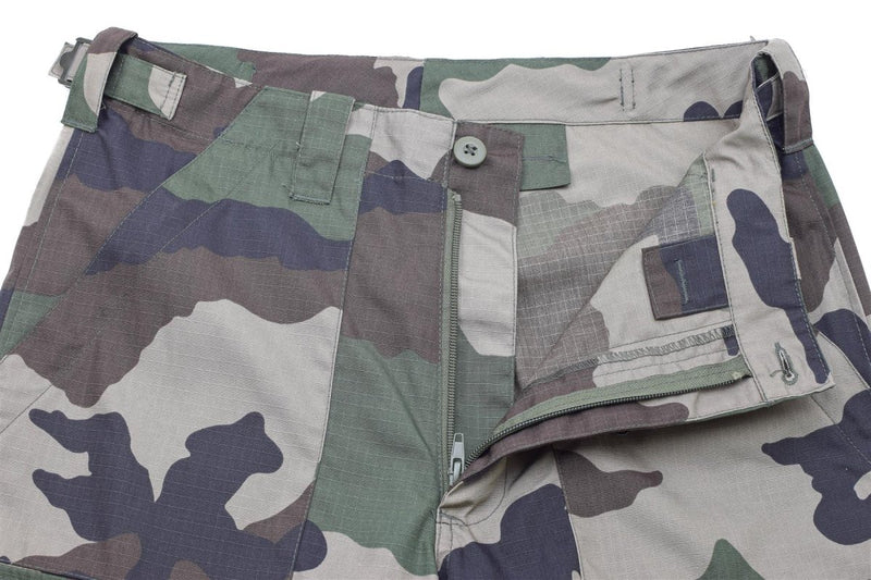 Close-up of Mil-Tec Brand military style CCE camo ripstop BDU pants with zipper and button fly open