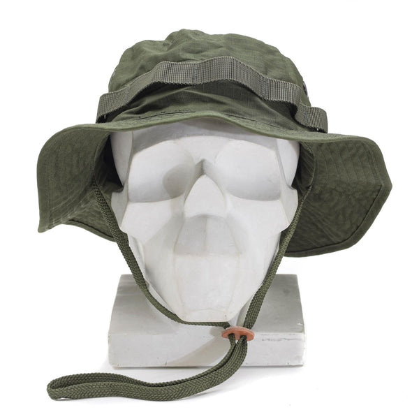 Mil-Tec military-style olive ripstop boonie hat with chin strap and vegetation loops, designed for outdoor and tactical use.