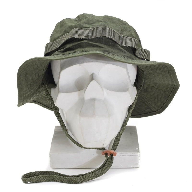 Mil-Tec military-style olive ripstop boonie hat with chin strap and vegetation loops, designed for outdoor and tactical use.