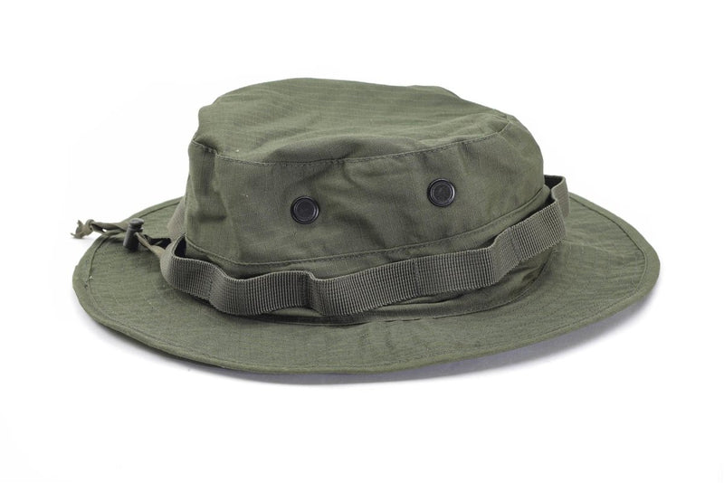 Olive green Mil-Tec military style ripstop boonie hat with ventilation holes and adjustable chin strap for outdoor use.