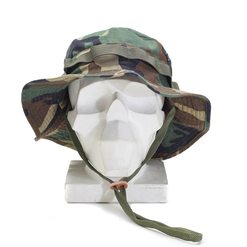Mil-Tec military style woodland camo boonie hat with ripstop fabric, chin strap, and breathable lightweight design.