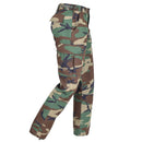 Side view of Mil-Tec U.S. Army style woodland camouflage ripstop cargo BDU pants designed for durability and outdoor use
