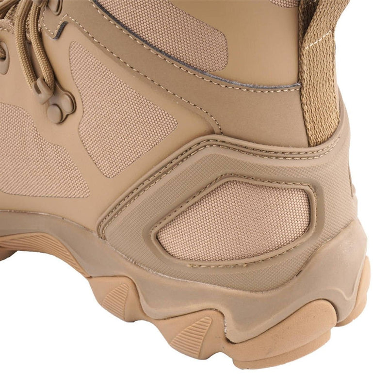 Close-up of MIL-TEC Chimera High lightweight coyote hiking and hunting boot with reinforced heel and textured outsole