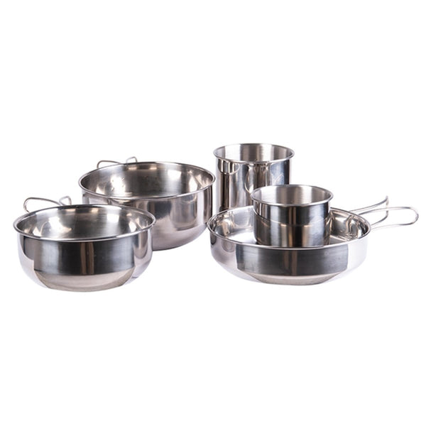 MIL-TEC stainless steel 5-piece camping cookware set including pots and cups for outdoor cooking and portability.