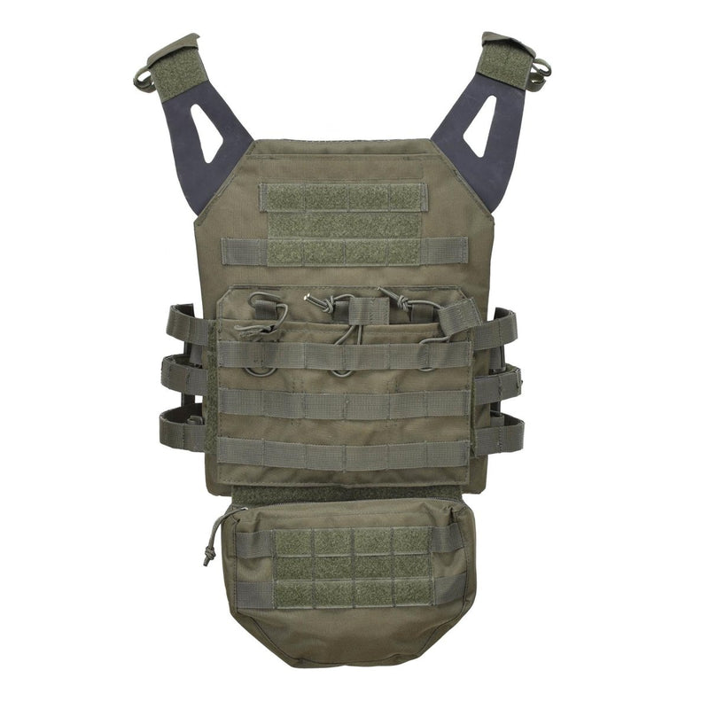 Olive green MIL-TEC small tactical MOLLE dropdown pouch attached to front of plate carrier vest panel