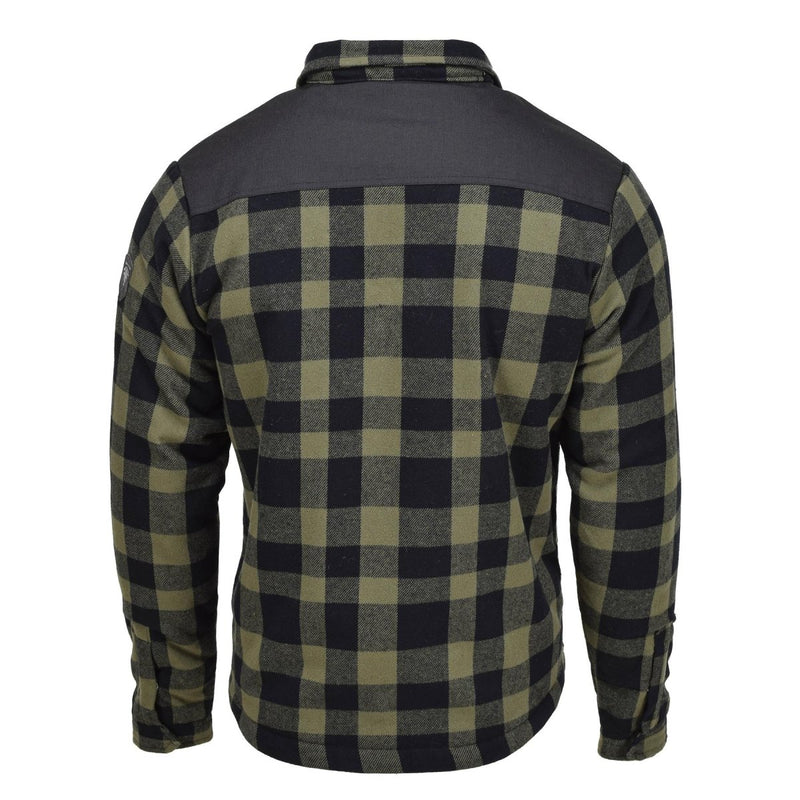 Back view of MIL-TEC German Military lumberjack jacket in black and olive plaid checkered warm fabric