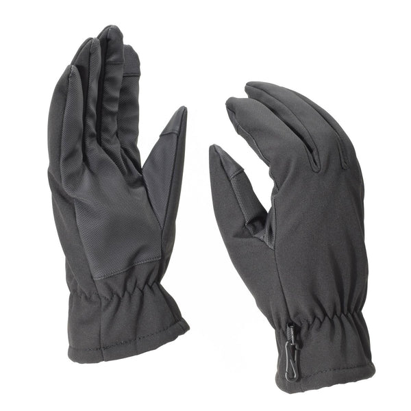 Black Mil-Tec softshell winter gloves with 3M Thinsulate lining, elastic wristband, and anti-slip grip for cold weather.