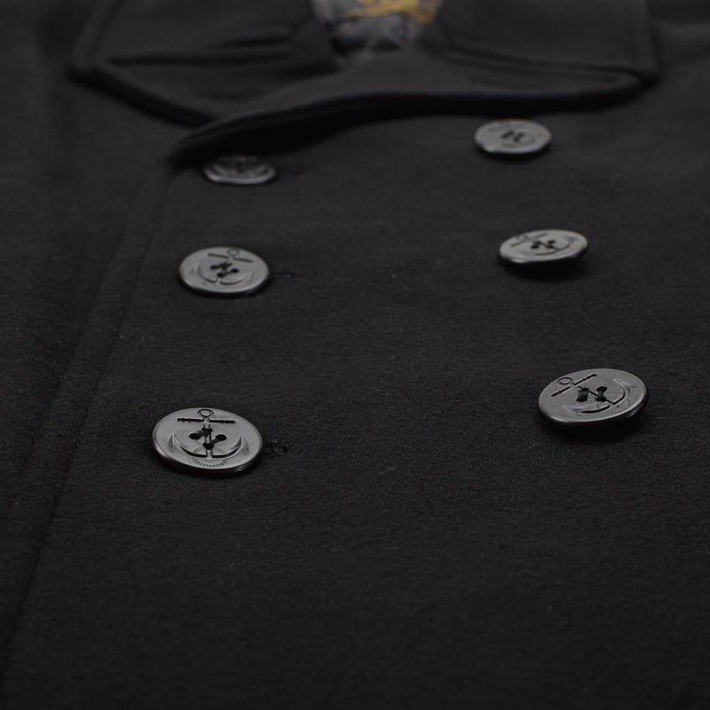 MIL - TEC Mens Pea Coat Wool Blend Navy Style Double Breasted Jacket Black - GoMilitar