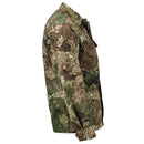 Side view of MIL-TEC US BDU tactical jacket in ripstop camouflage fabric with button cuffs and multiple pockets