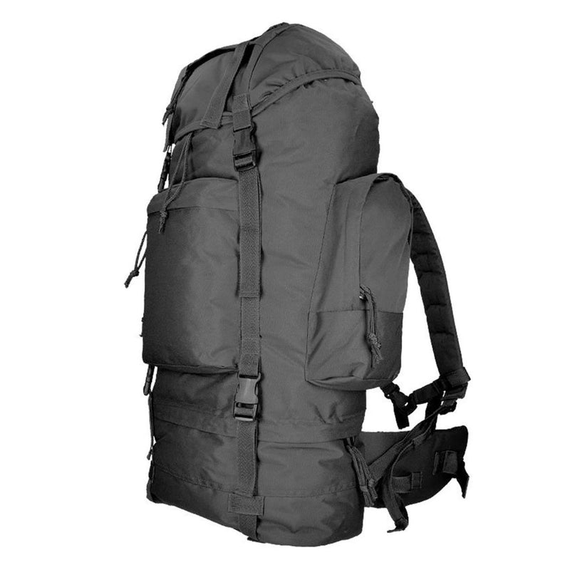 Black MIL-TEC RANGER 75L tactical backpack with multiple compartments and adjustable padded straps for hiking and camping.