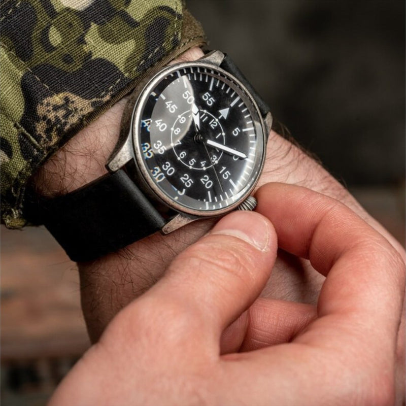 Mil-Tec Retro Pilot Watch Mechanizm kwarcu Naturalny skórzana bransoletka Czarna