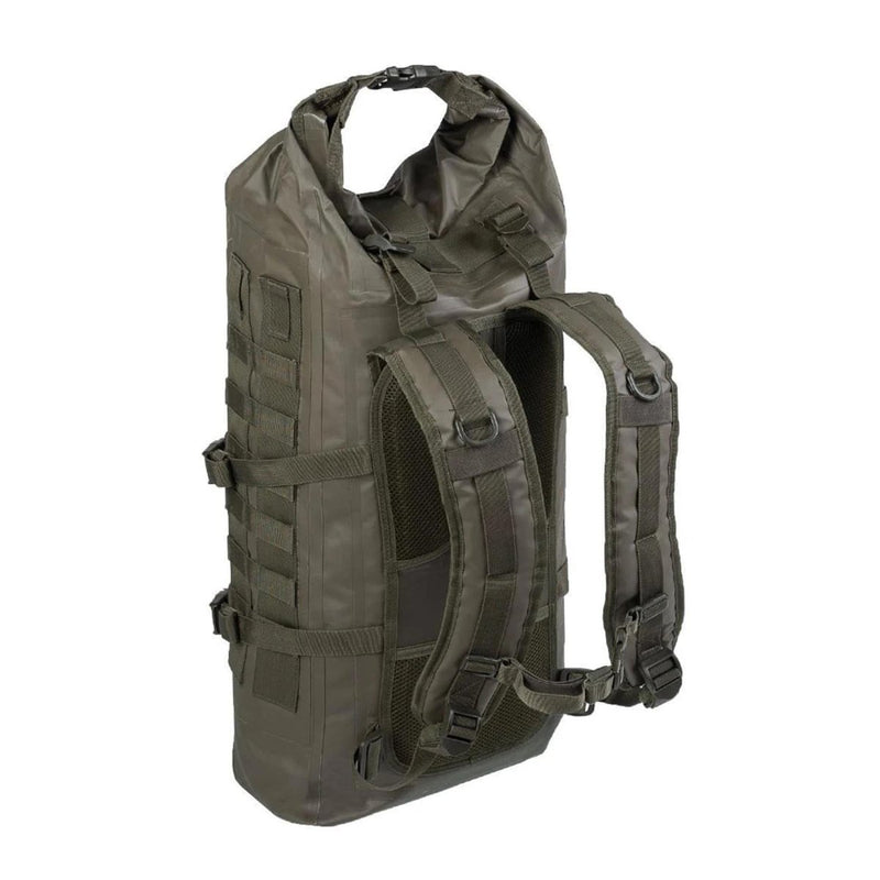 Olive green MIL-TEC SEALS 35L waterproof tactical roll-up dry bag backpack with padded straps and durable build.