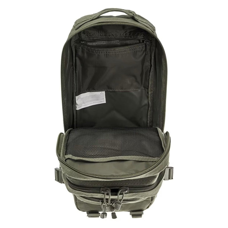 Open olive green MIL-TEC tactical backpack showing compartments and mesh pocket for hiking or outdoor use.