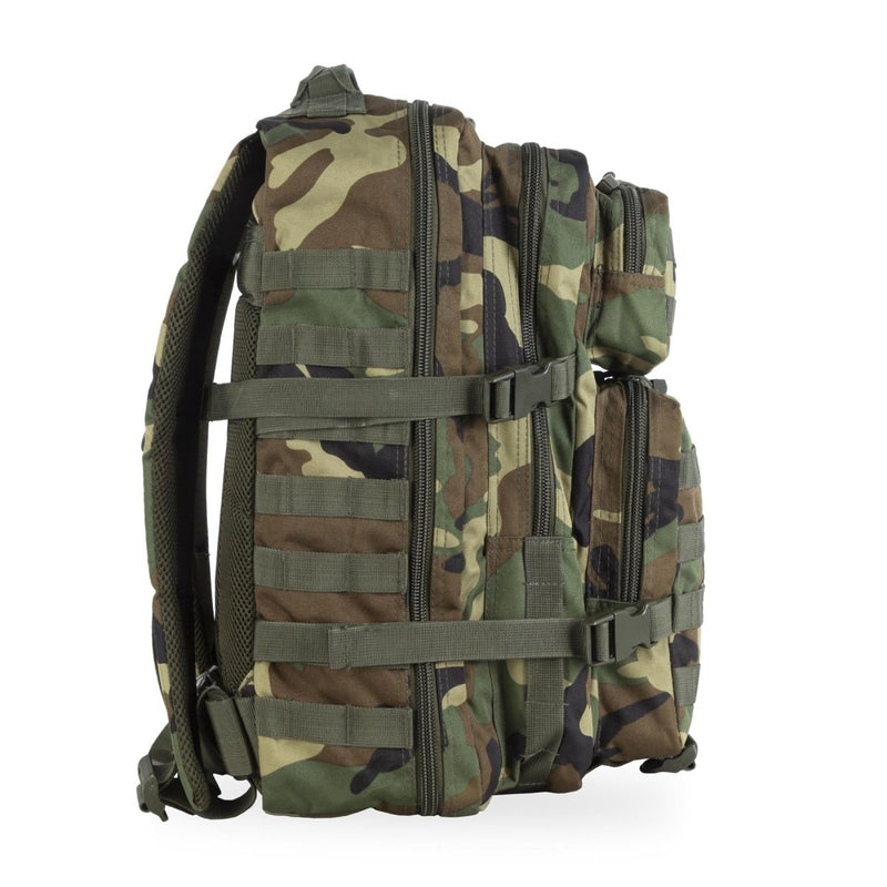 MIL-TEC U.S. Assault 36L woodland camo backpack with multiple compartments and adjustable straps for hiking and tactical use