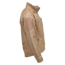 Coyote MIL-TEC windproof soft shell hiking jacket with fleece liner, stormproof zips, and durable fabric design.