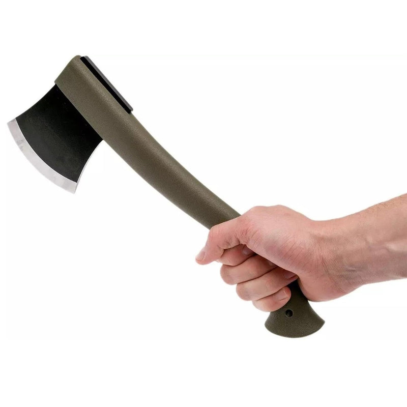 Hand holding a MORAKNIV Lightweight Axe with a boron steel black-coated blade and ergonomic polymer handle.