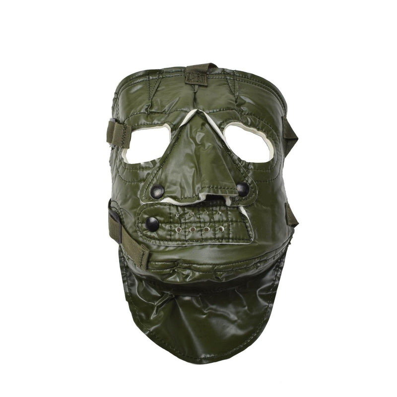 Green US army cold weather face mask with creepy military design and adjustable straps for warmth and protection.