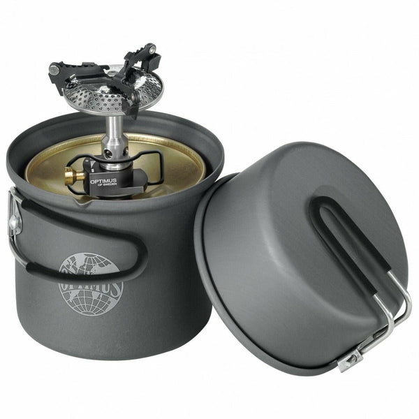 Compact Optimus Crux Lite camping stove with gas burner and pot, designed for lightweight hiking and outdoor cooking.