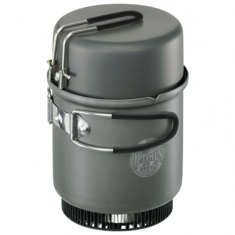 Compact lightweight Optimus Crux Lite tactical camping stove with foldable handles and cooking pot, ideal for hiking and outdoor use.